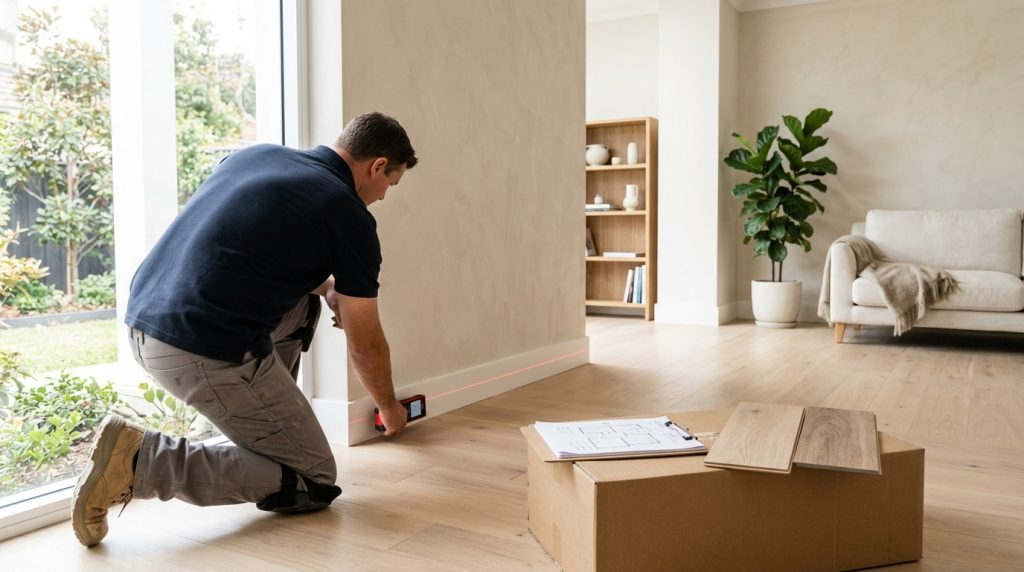 Flooring installer taking a laser measurement in a Sydney living room during a free measure and quote