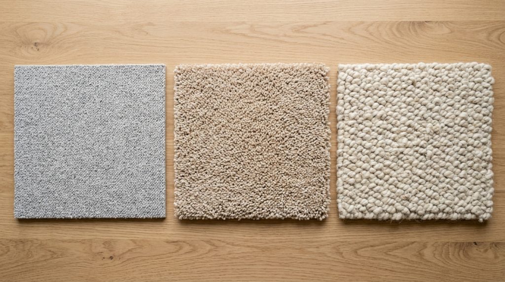 Budget synthetic, solution-dyed nylon and wool carpet samples compared side by side