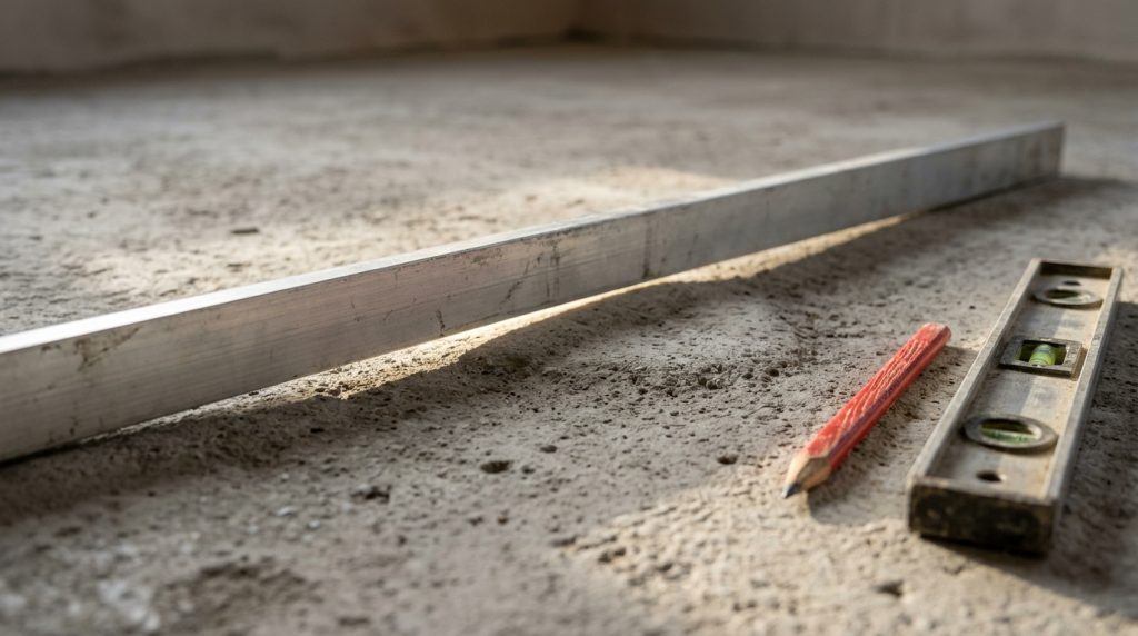 Straight edge across a concrete slab revealing a high spot before flooring installation