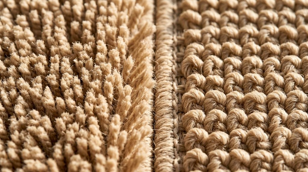 Close-up comparing cut pile and loop pile carpet construction