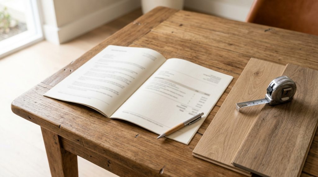 Itemised flooring quote on a timber table with flooring samples and a tape measure