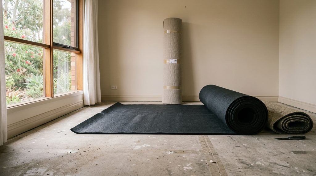 High-density rubber carpet underlay being laid before carpet installation
