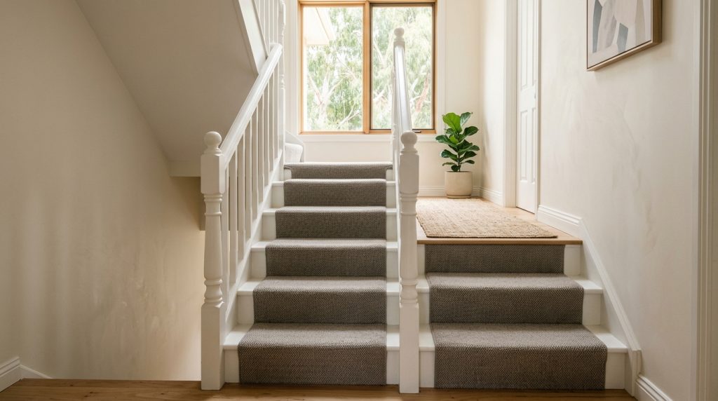 Hard-wearing twist pile carpet fitted to a staircase in a Sydney home
