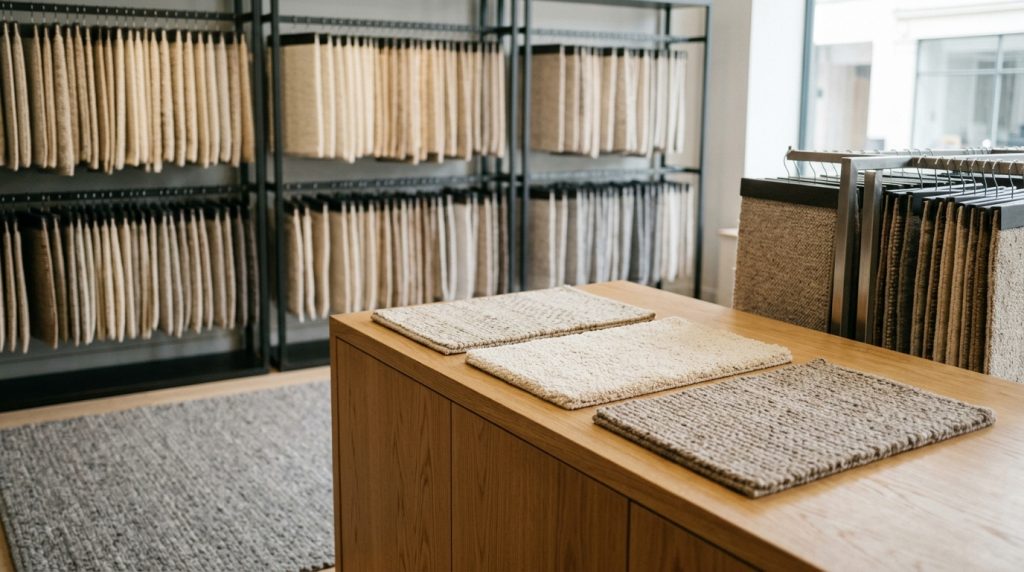 Racks of carpet samples in a Sydney carpet showroom
