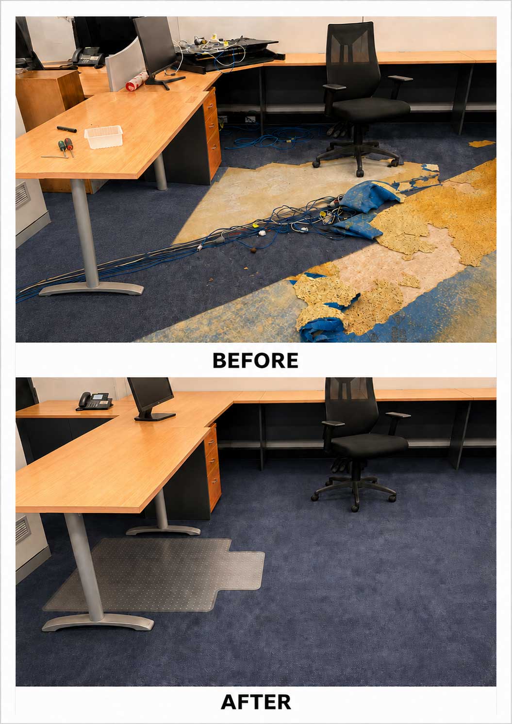 Before-and-after view of a factory office, showing old flooring removal and newly installed blue carpet tiles by Payless Flooring and More.