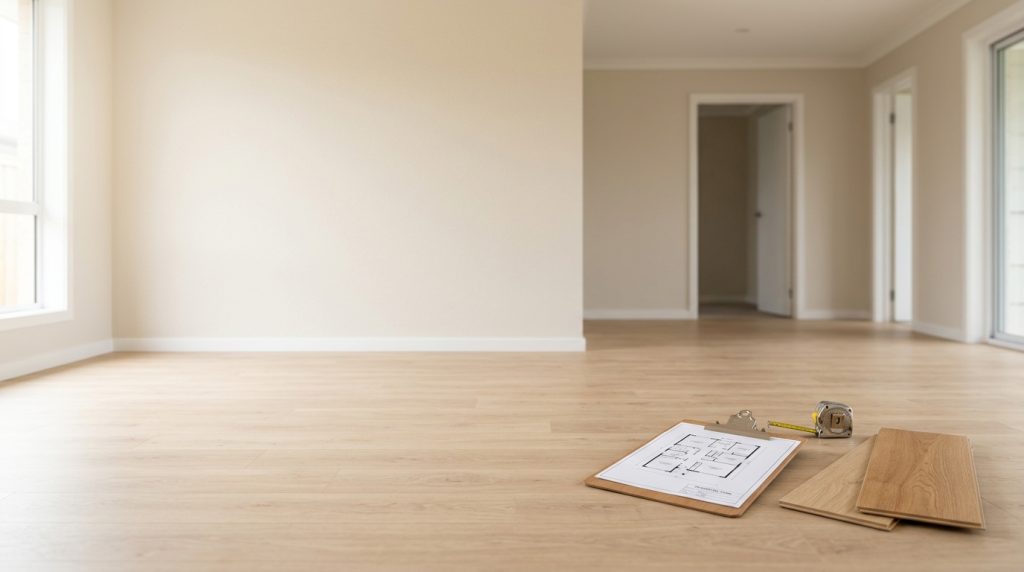 Floor plan, tape measure and timber-look flooring samples in an empty Sydney living room before a free measure and quote