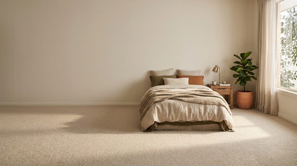 Sydney bedroom with pale wool carpet in warm morning light