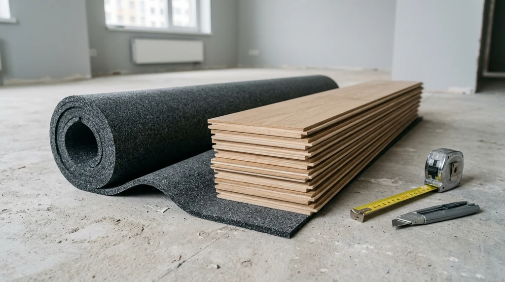 Acoustic rubber underlay and laminate boards prepared for a strata-approved apartment floor