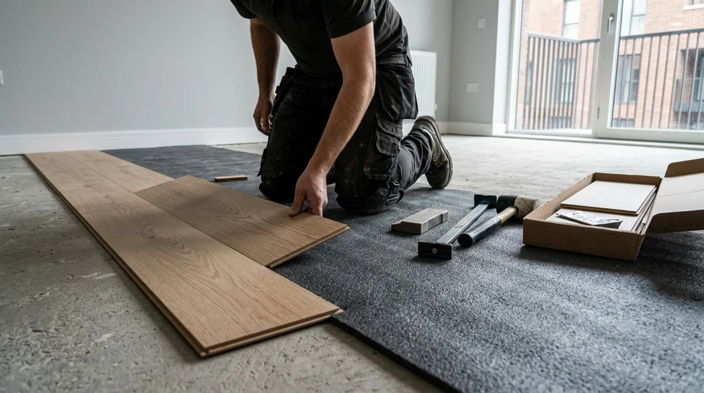 Installer laying hybrid flooring over acoustic underlay in a Sydney apartment