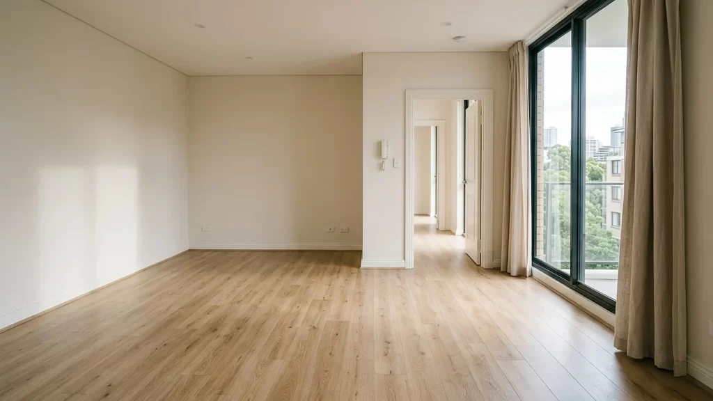 Empty Sydney rental living room with hard-wearing laminate flooring