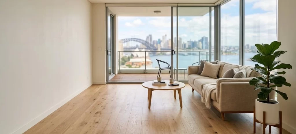 Modern Sydney apartment living room with light oak hybrid flooring and a harbour view