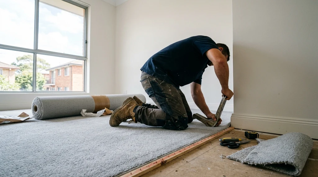 Synthetic carpet being installed in a bedroom of a Sydney investment property