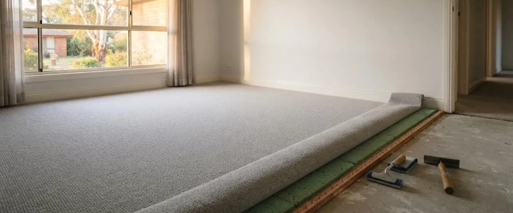 Broadloom carpet being fitted in an Australian bedroom, turned back to show the underlay and gripper rod