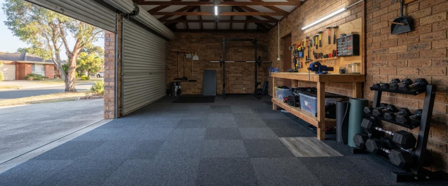 Charcoal carpet tiles covering the concrete floor of a garage set up as a home gym and workshop