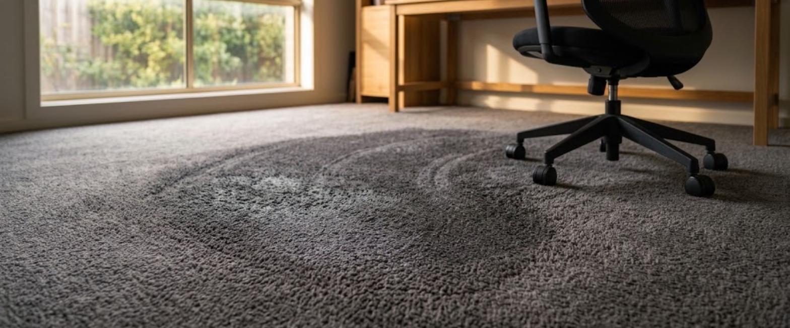 An office chair on castors has worn a patch in the carpet of a home office