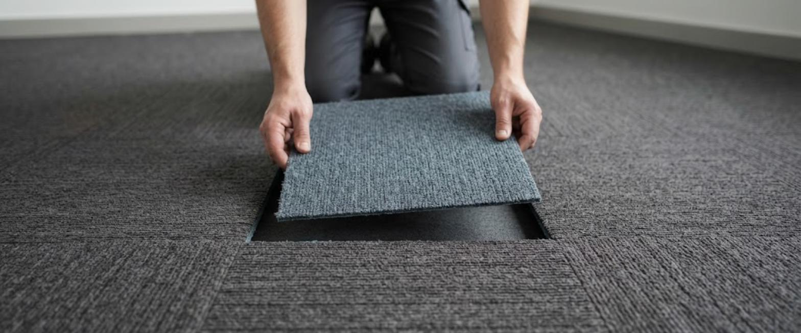 A replacement carpet tile from a later batch dropped into place, slightly lighter than the tiles around it
