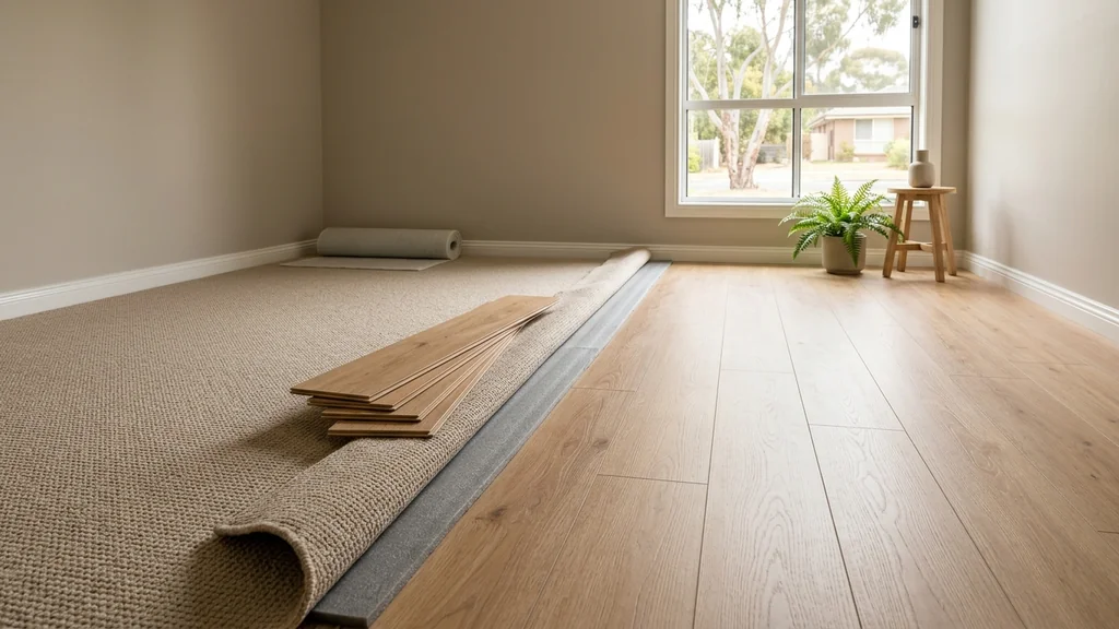 Old carpet folded back on one half of a living room, with new light oak laminate laid across the other half