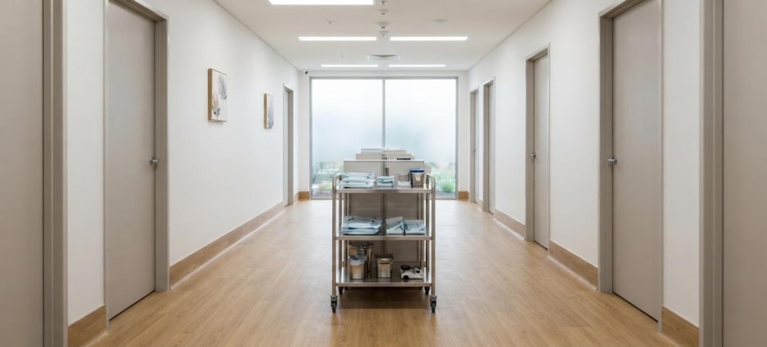 Commercial vinyl plank flooring in a medical clinic corridor with a supply trolley