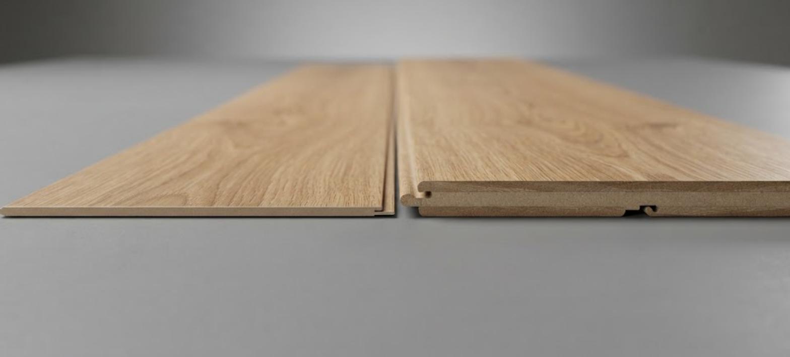 A thin glue-down vinyl plank beside a thicker click-profile plank, photographed edge on