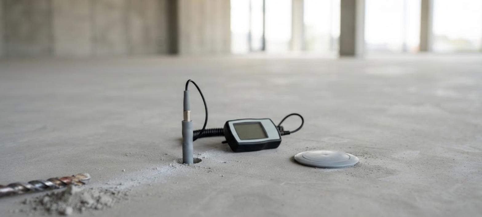 An in-situ relative humidity probe testing a concrete slab before vinyl flooring is glued down