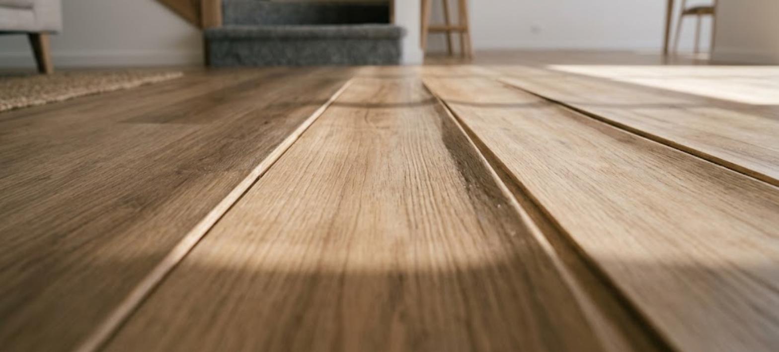 Close-up of engineered timber floorboards showing cupping, with the board edges raised above the centre