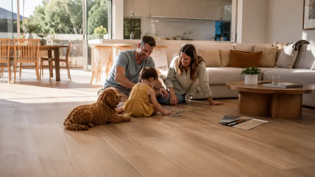 Family-friendly timber-look flooring in a Sydney home