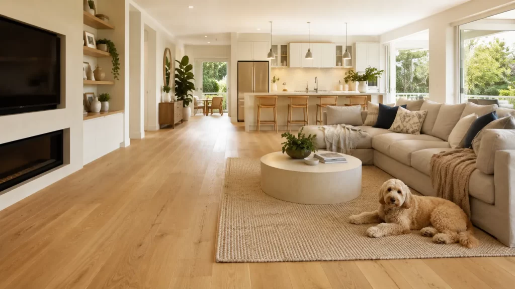 Family-friendly hybrid flooring in a bright Sydney living room with a dog