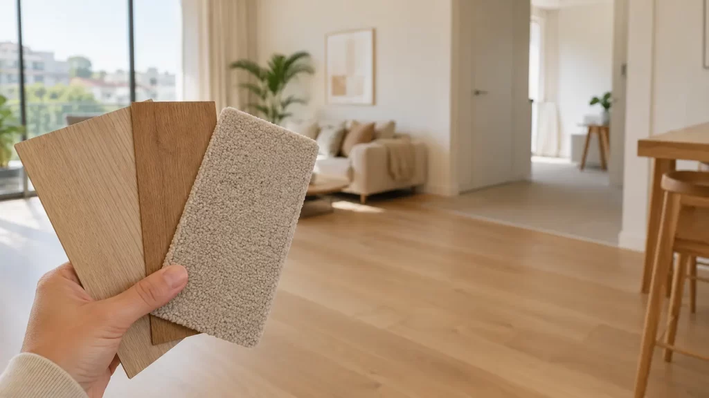 Flooring and carpet samples in a bright Sydney home, representing the 2026 cost guide