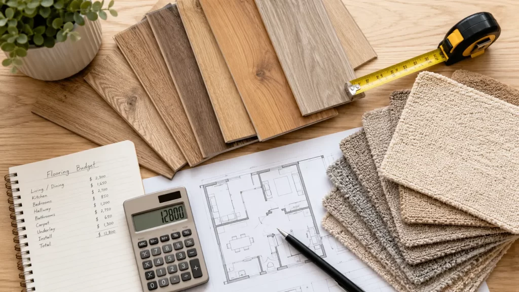 Flooring and carpet samples with calculator and floor plan for budgeting a Sydney renovation