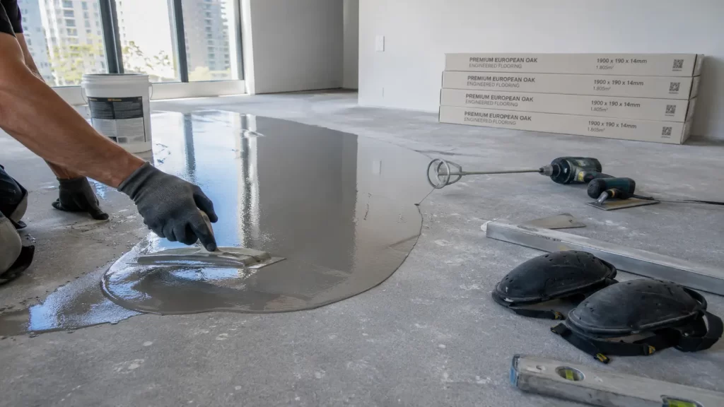 Installer levelling a concrete subfloor before flooring installation in a Sydney home