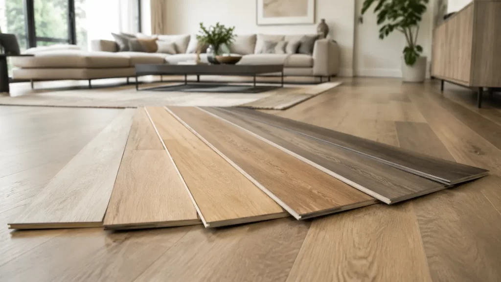 Hybrid flooring planks in different widths and finishes showing Sydney 2026 cost tiers