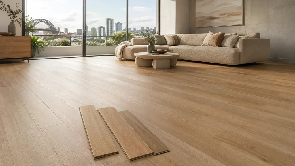 Hybrid flooring in a Sydney living room with cost guide styling
