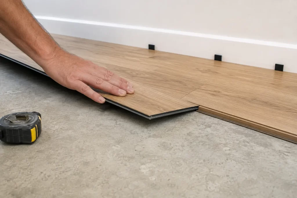 Installer laying click-lock hybrid flooring over a prepared concrete slab in a Sydney home