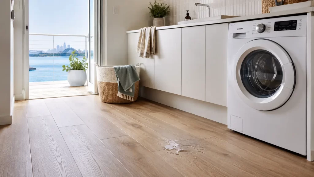 Hybrid flooring in a Sydney laundry handling water splashes