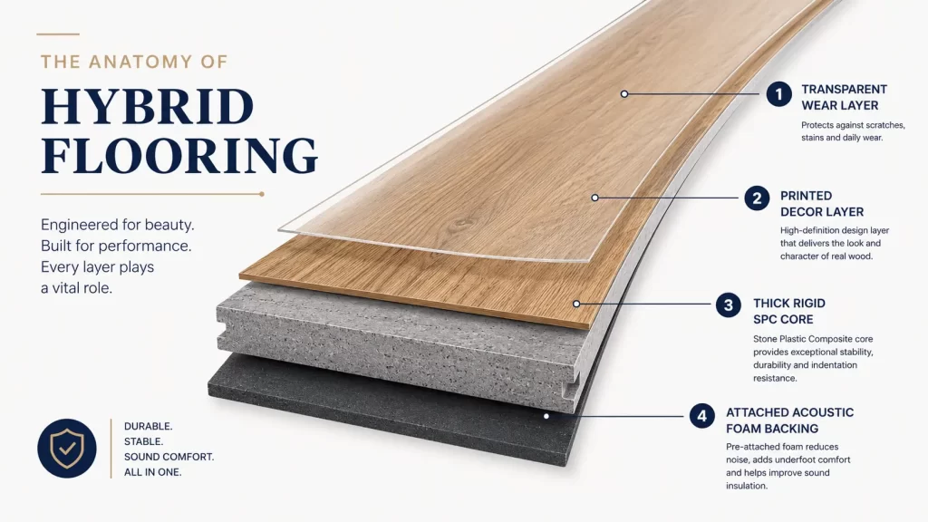 Cross-section diagram of hybrid flooring layers including wear layer, decor layer, rigid SPC core and acoustic backing