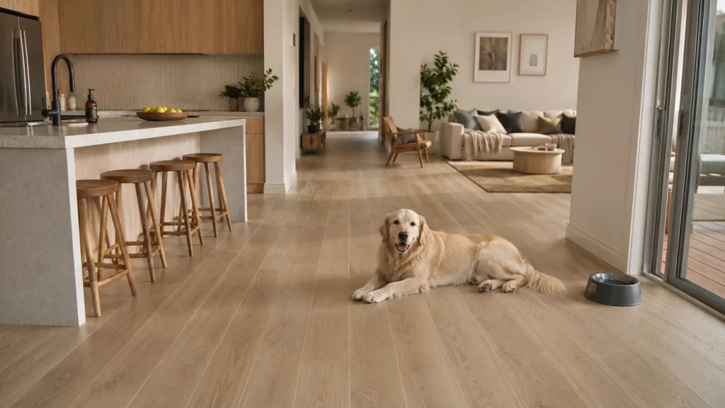 Waterproof hybrid flooring running through an open-plan Sydney kitchen and living area with a pet dog