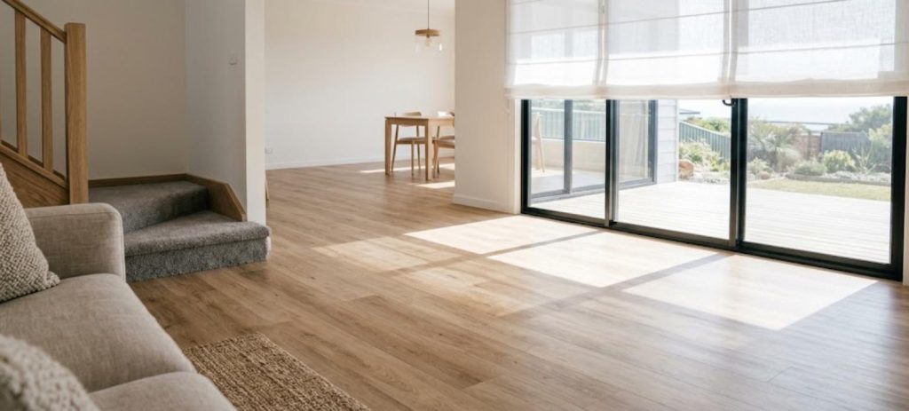 Hybrid flooring beside a large sliding door with blinds drawn to keep direct sun off the floor