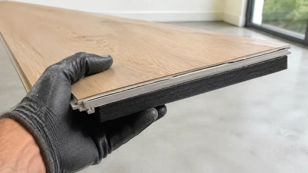 Underside of a hybrid plank showing the bonded acoustic backing that replaces separate underlay