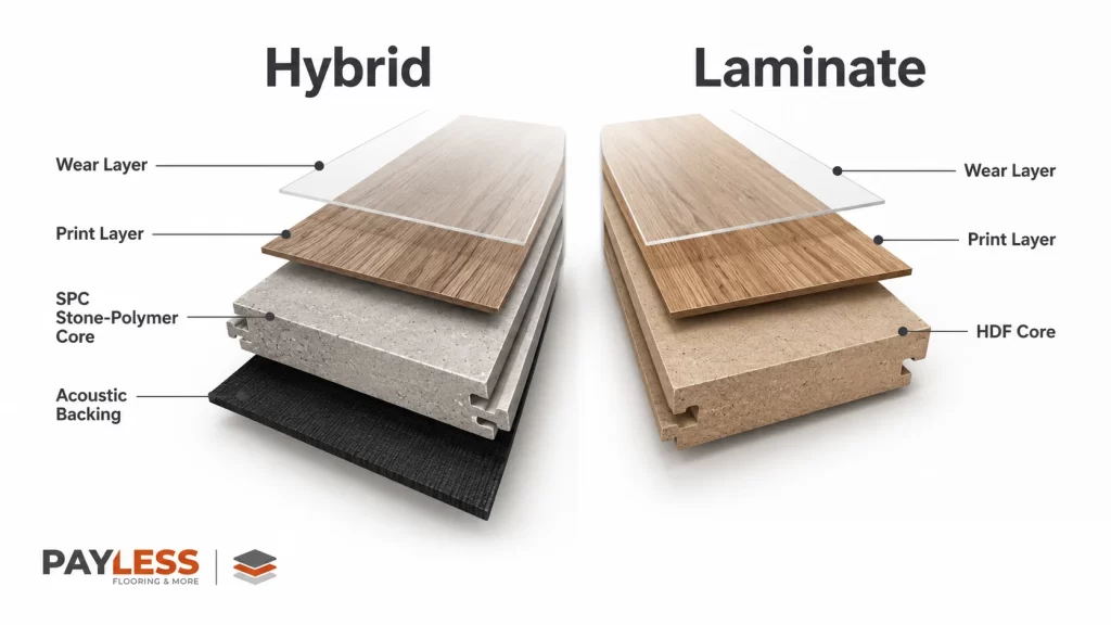 Cross-section diagram comparing hybrid flooring SPC core layers with laminate flooring HDF core layers