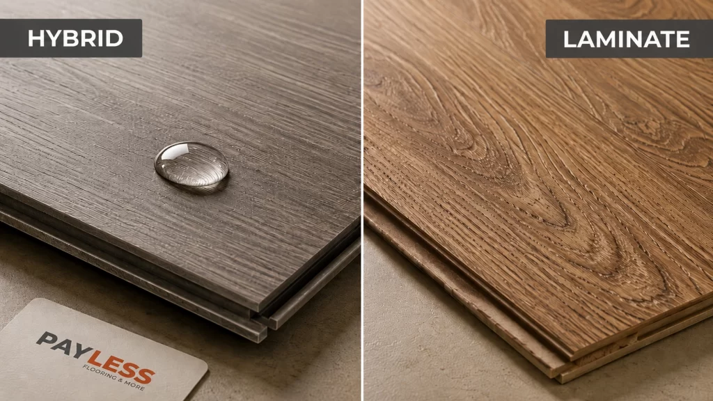 Side-by-side comparison of hybrid flooring and laminate flooring planks