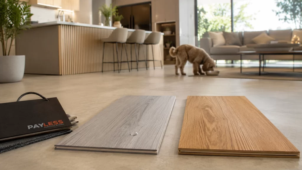 Hybrid and laminate flooring samples in a modern Sydney home interior