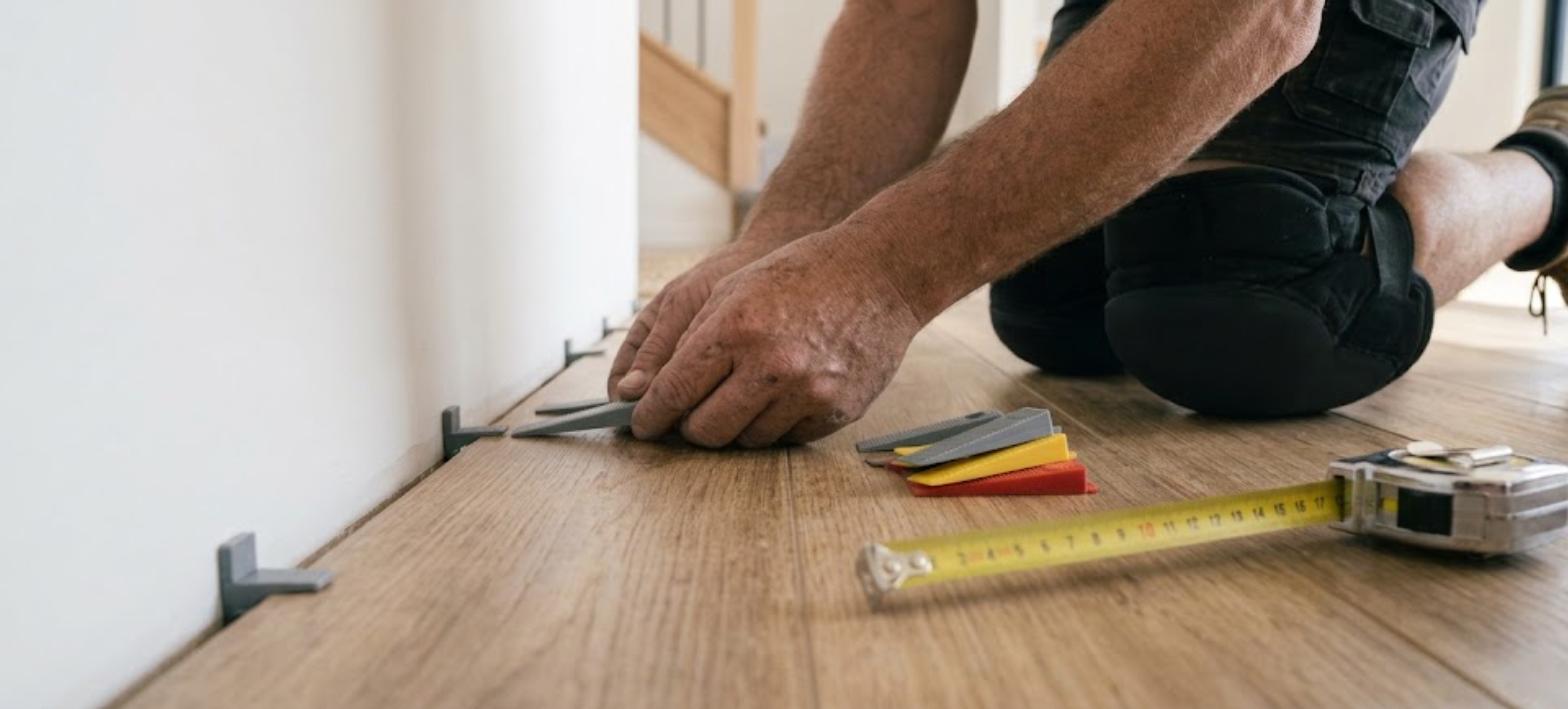 Installer using spacers to leave a 10 mm expansion gap at the edge of a floating floor