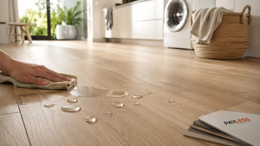 Water droplets on waterproof hybrid flooring in a bright modern Sydney home