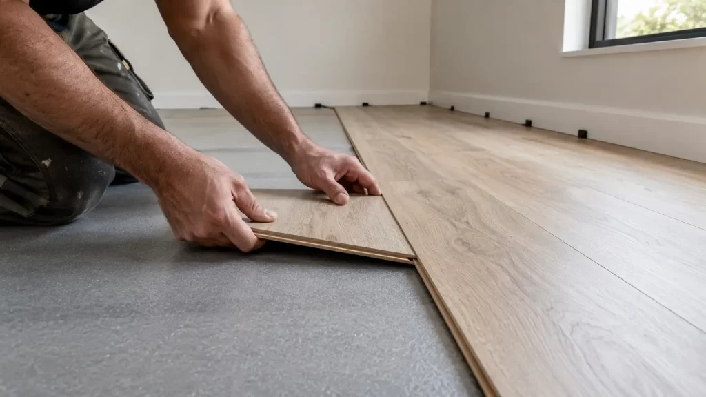 Laminate flooring being installed over foam underlay in a Sydney home