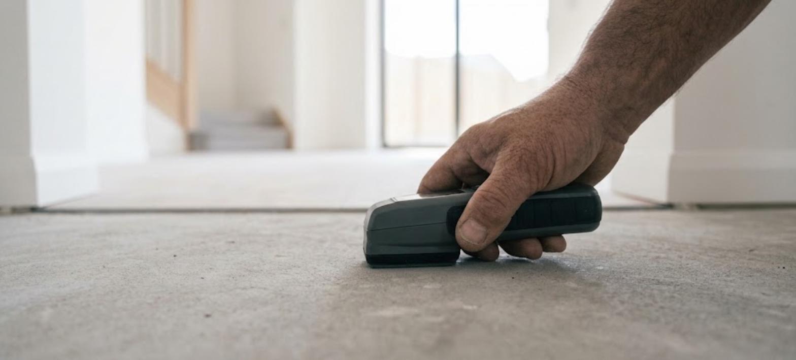 Moisture meter testing a concrete slab before flooring is installed