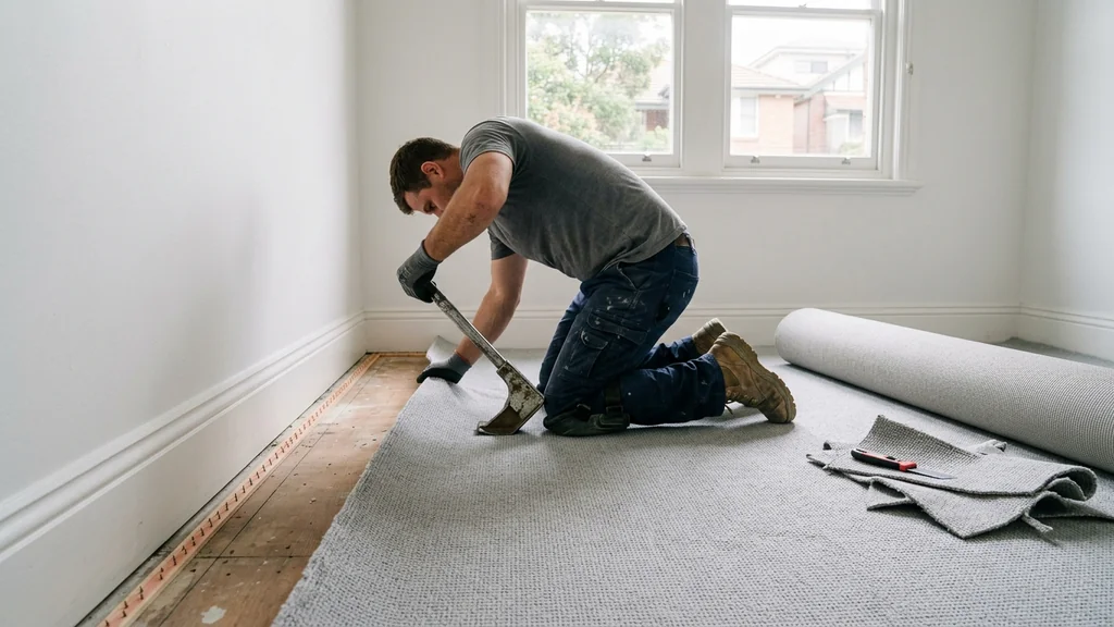 Installer fitting replacement carpet in a room where the old floor covering has been stripped back to the boards