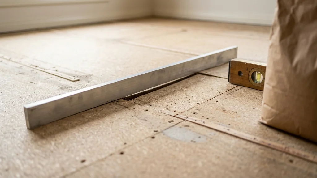 Straight edge across a particleboard subfloor showing a dip, beside a spirit level and levelling compound