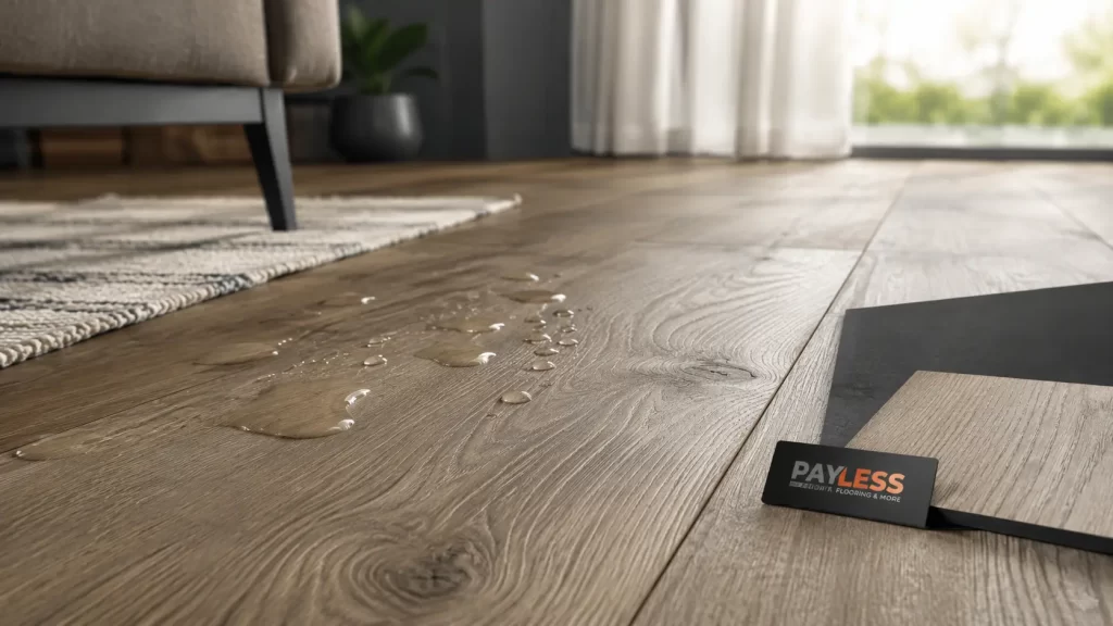 Close-up of waterproof hybrid flooring surface texture