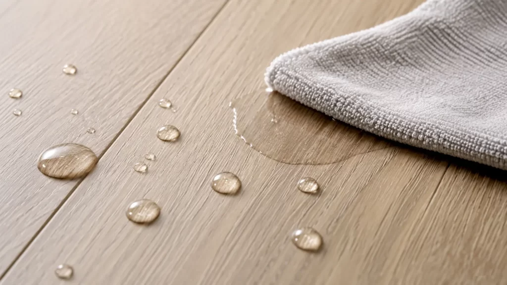 Water droplets beading on waterproof hybrid flooring surface