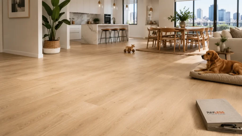 Light oak hybrid flooring installed in a modern Sydney open-plan living area